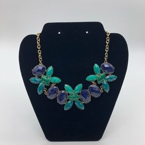 Blue Stones With Green & Teal Diamonds Statement Necklace & Gold Tone Adj. Chain